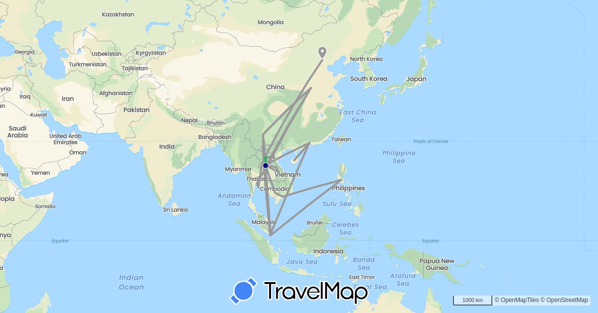TravelMap itinerary: driving, bus, plane in China, Cambodia, Laos, Philippines, Singapore, Thailand, Vietnam (Asia)